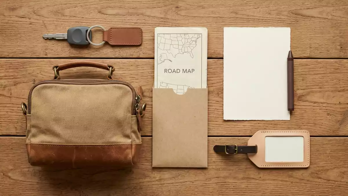 Flatlay-Arrangement rund um Mietwagen mit passenden Requisiten von oben, neutral