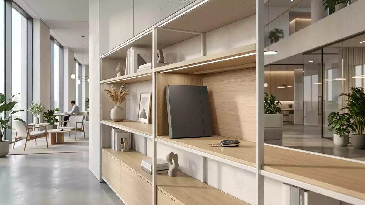 Architektur-Render im Versicherungsbüro mit Versicherungsmappe im Ausstellungsbereich