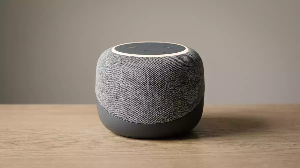 Fotorealistische Studioansicht von Smart-Lautsprecher in neutraler Produktdarstellung
