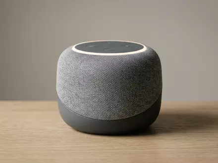 Fotorealistische Studioaufnahme von Smart-Lautsprecher zum Thema Amazon Echo Dot, ISIN US0231351067, klare Lichtfuehrung - Foto: THN