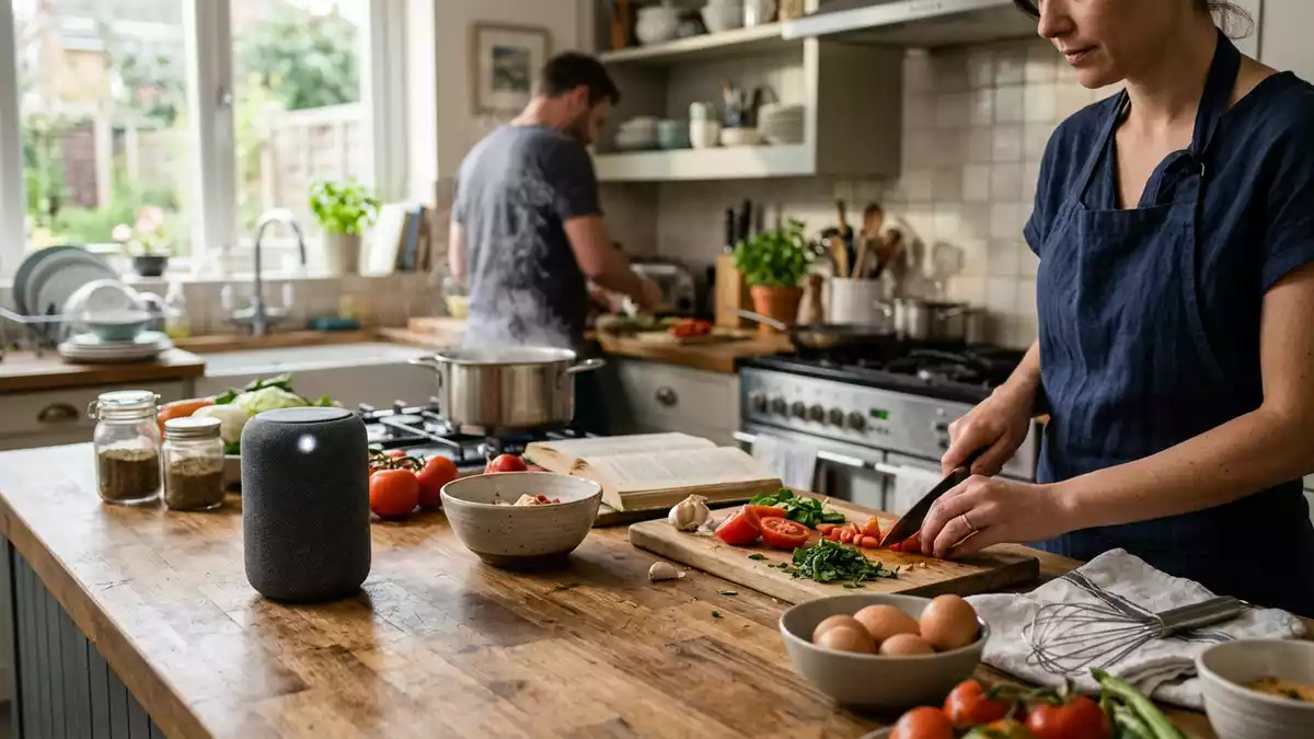 Fotorealistische Ansicht von Smart-Lautsprecher in der Küche in realer Umgebung