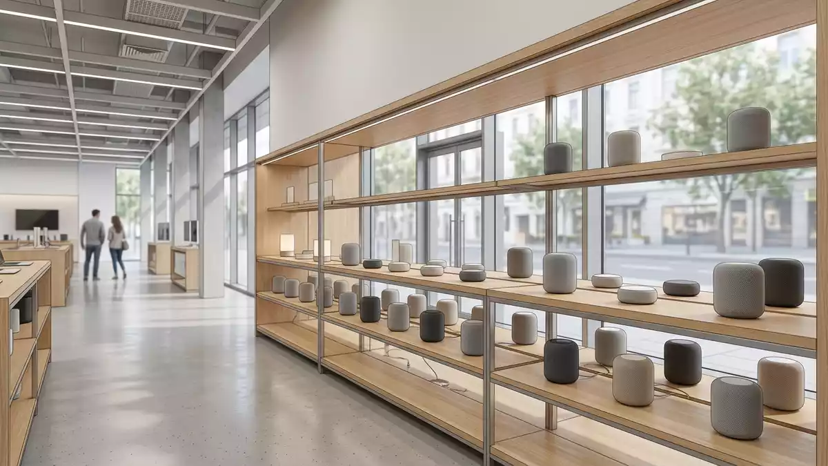 Architektur-Render im Elektronik-Fachmarkt mit Smart-Lautsprecher im Ausstellungsbereich
