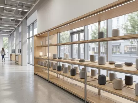 Architektur-Render im Elektronik-Fachmarkt mit Smart-Lautsprecher zum Thema Amazon Echo Dot, ISIN US0231351067, neutrales Tageslicht - Foto: THN