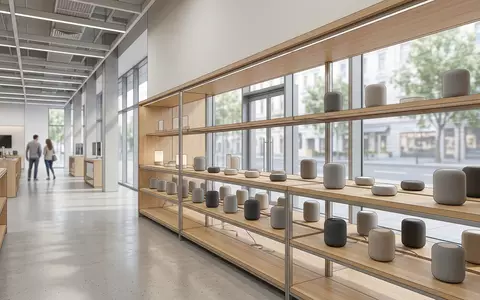 Architektur-Render im Elektronik-Fachmarkt mit Smart-Lautsprecher zum Thema Amazon Echo Dot, ISIN US0231351067, neutrales Tageslicht - Foto: THN