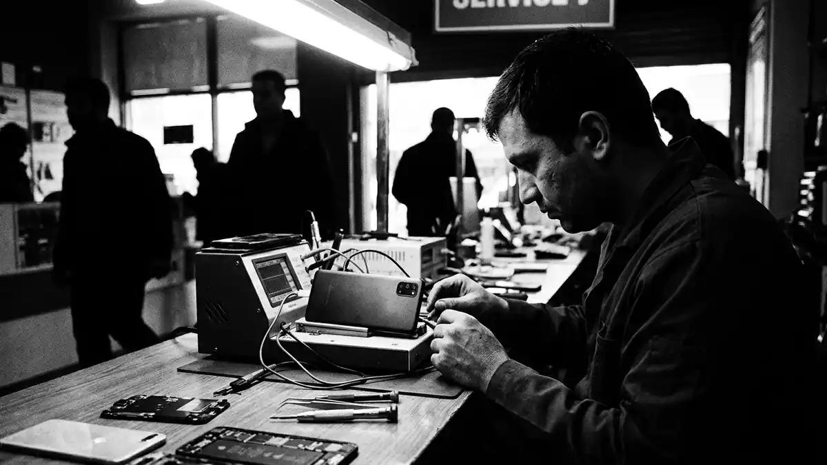 Schwarzweiss-Reportagebild mit Smartphone in dokumentarischer Arbeitsumgebung, neutral