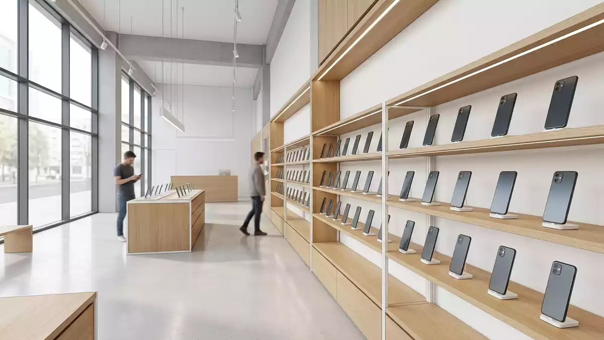 Architektur-Render im Elektronik-Fachmarkt mit Smartphone im Ausstellungsbereich