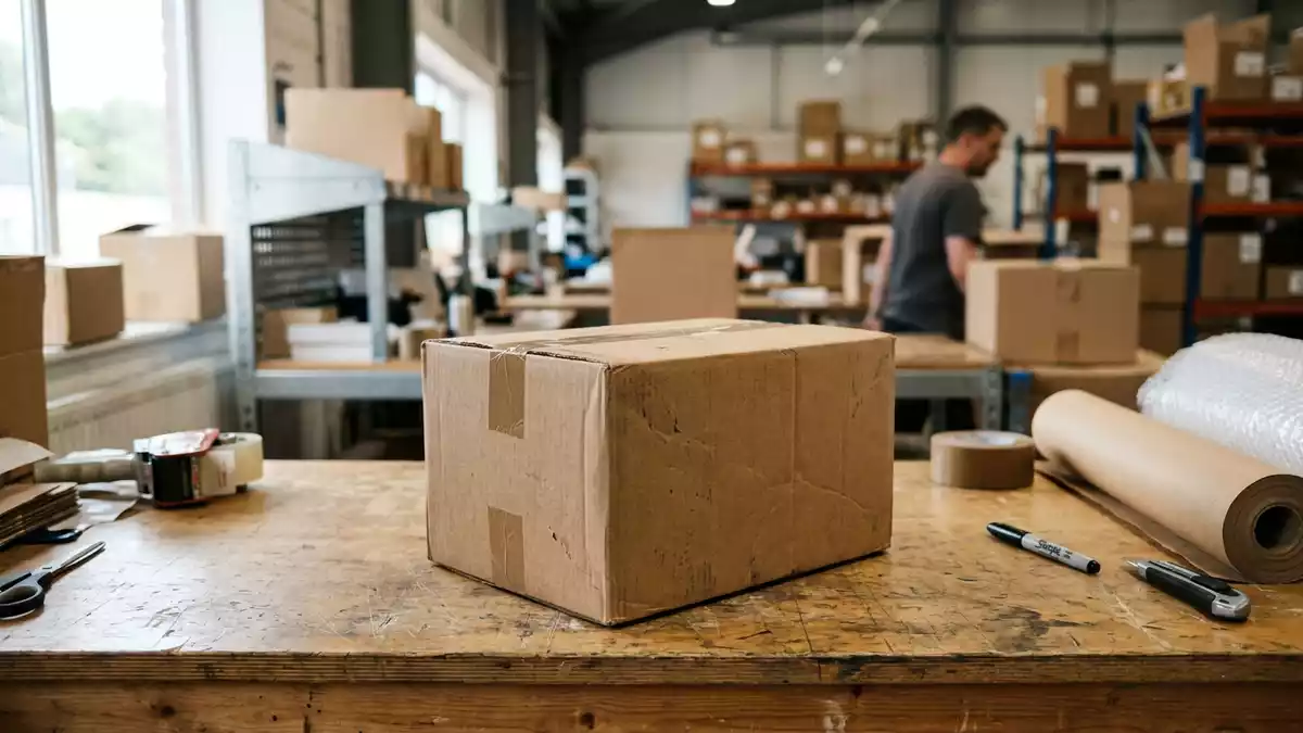 Fotorealistische Ansicht von Paketversand beim Onlinehandel in realer Umgebung