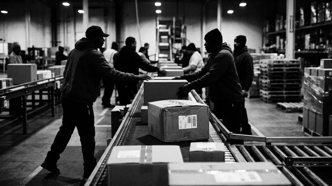 Schwarzweiss-Reportagebild mit Paketversand in dokumentarischer Arbeitsumgebung