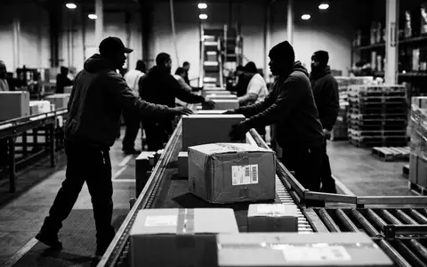 Schwarzweiss-Reportage mit Paketversand zum Thema AliExpress, ISIN US01609W1027, hoher Kontrast, sachlich dargestellt - Foto: THN