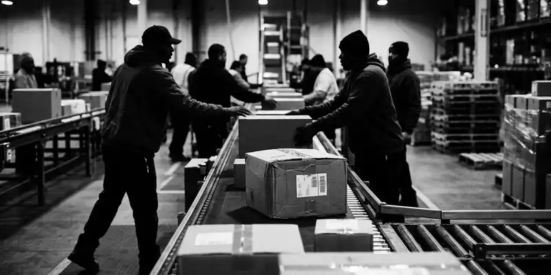 Schwarzweiss-Reportage mit Paketversand zum Thema AliExpress, ISIN US01609W1027, hoher Kontrast, sachlich dargestellt - Foto: THN