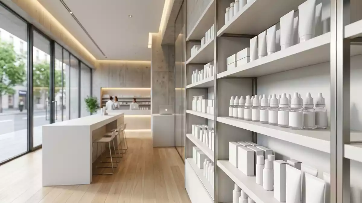 Architektur-Render im Apotheke mit Augentropfen im Ausstellungsbereich, neutral
