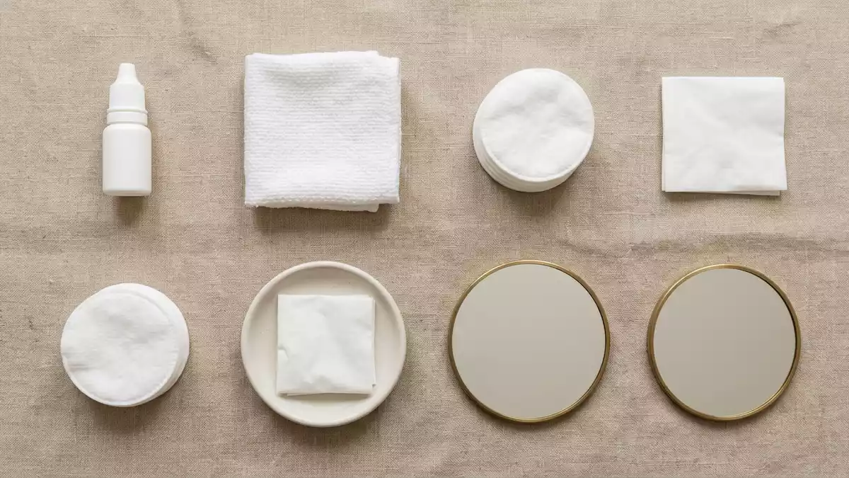 Flatlay-Arrangement rund um Augentropfen mit passenden Requisiten von oben, neutral