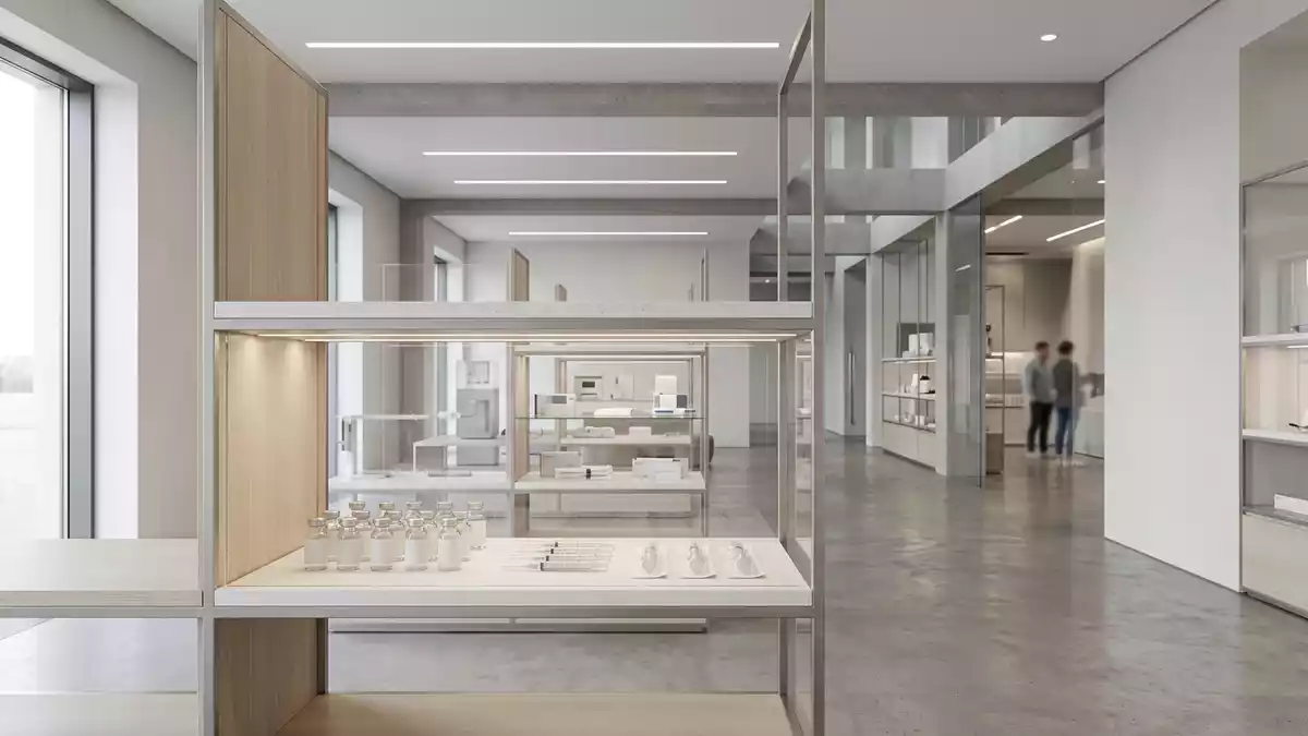 Architektur-Render im Medizinfachhandel mit Impfstoff im Ausstellungsbereich, neutral