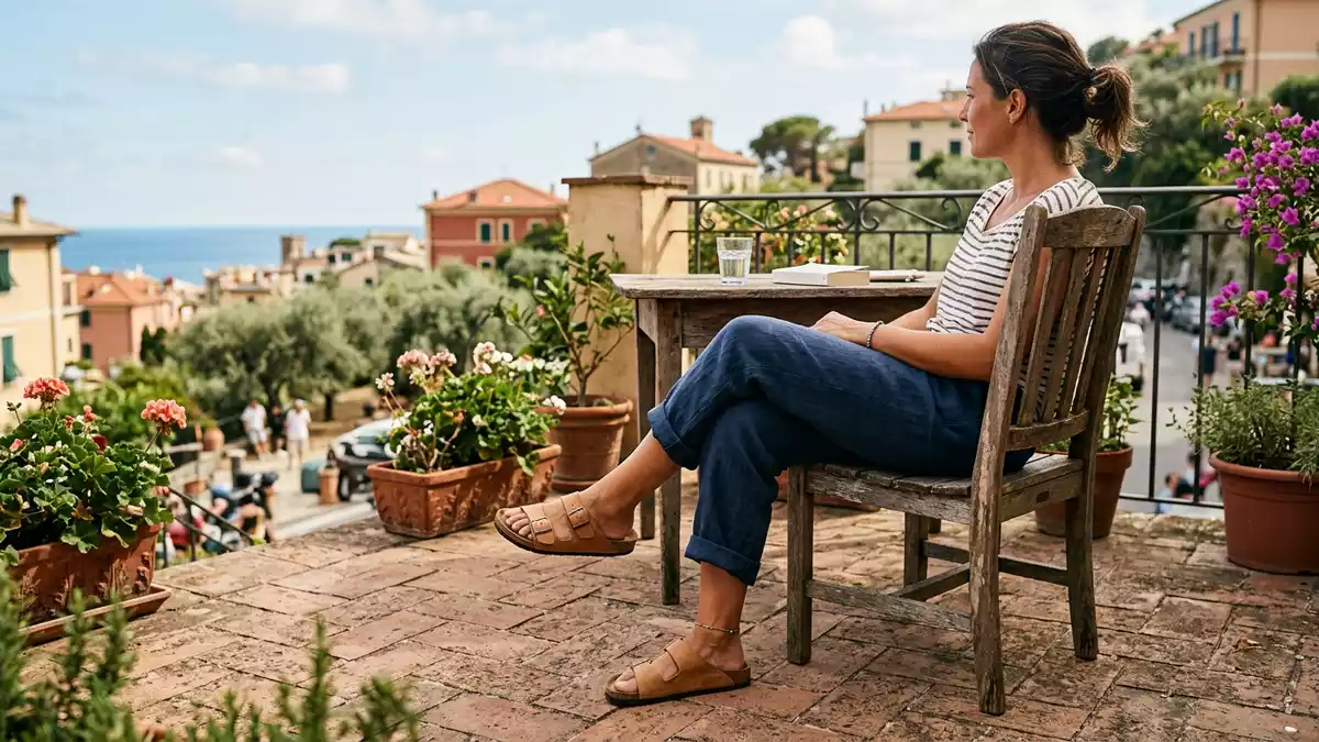 Fotorealistische Ansicht von Zweiriemensandalen im Sommer in realer Umgebung, neutral