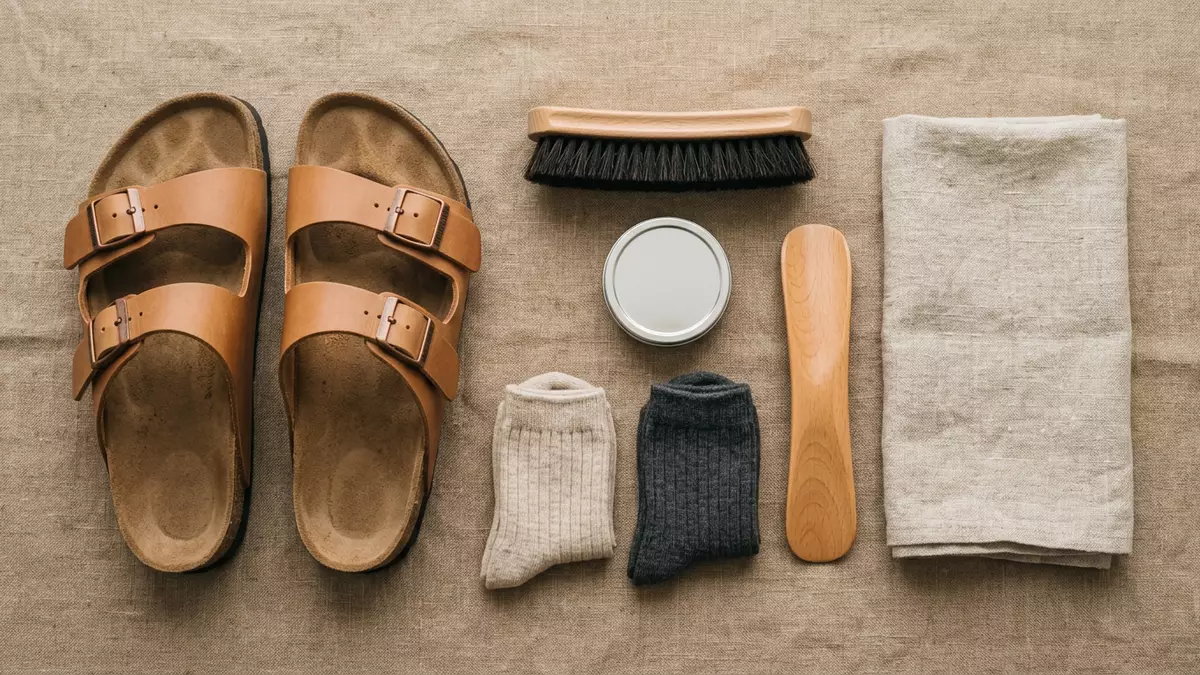 Flatlay-Arrangement rund um Zweiriemensandalen mit passenden Requisiten von oben