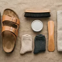 Flatlay-Arrangement rund um Zweiriemensandalen zum Thema Birkenstock Arizona, ISIN JE00BS44BN30, weiches Oberlicht - Foto: THN