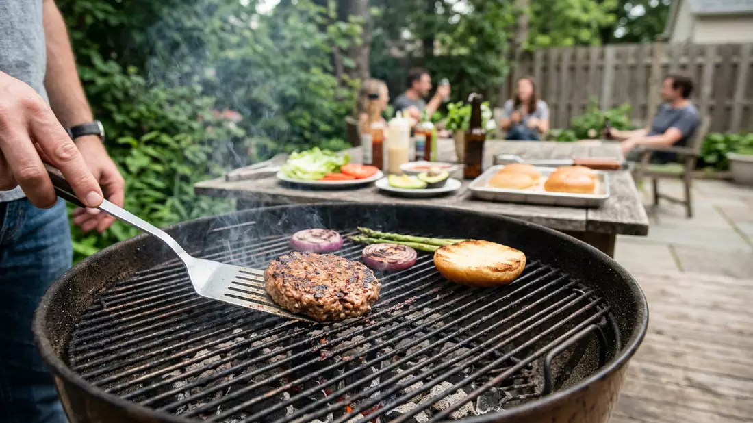 Fotorealistische Ansicht von Pflanzenburger beim Grillen in realer Umgebung, neutral
