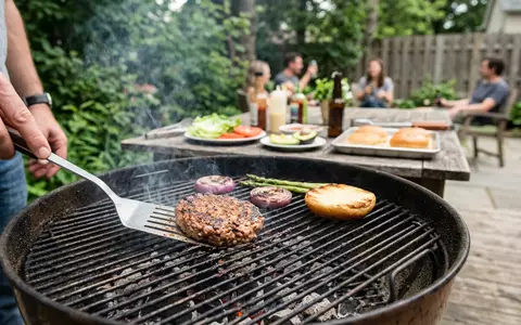Fotorealistische Aufnahme von Pflanzenburger beim Grillen zum Thema Beyond Burger, ISIN US08862E1091, natuerliches Licht - Foto: THN