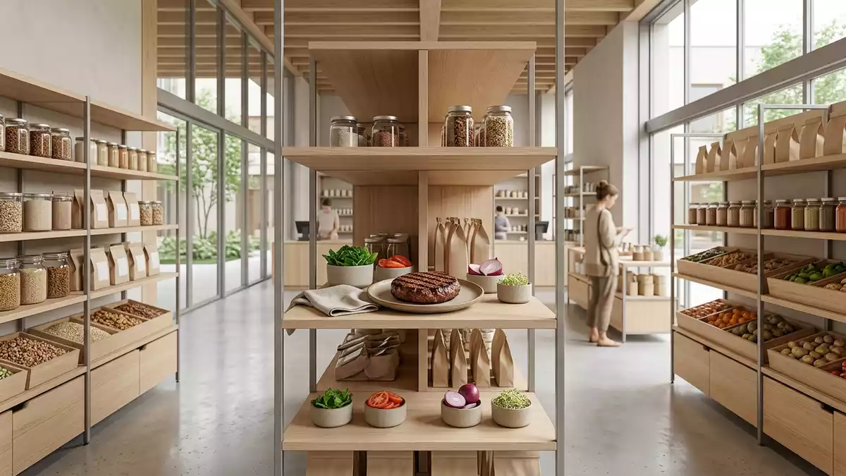 Architektur-Render im Bio-Supermarkt mit Pflanzenburger im Ausstellungsbereich