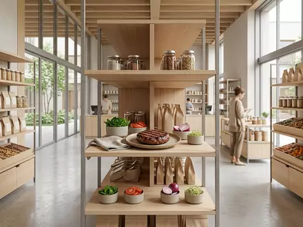 Architektur-Render im Bio-Supermarkt mit Pflanzenburger zum Thema Beyond Burger, ISIN US08862E1091, neutrales Tageslicht - Foto: THN
