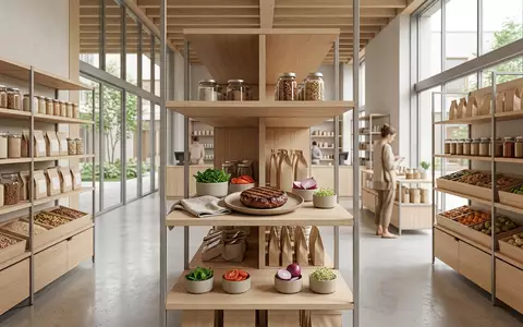 Architektur-Render im Bio-Supermarkt mit Pflanzenburger zum Thema Beyond Burger, ISIN US08862E1091, neutrales Tageslicht - Foto: THN