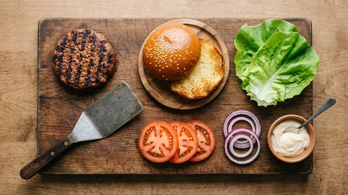 Flatlay-Arrangement rund um Pflanzenburger mit passenden Requisiten von oben, neutral