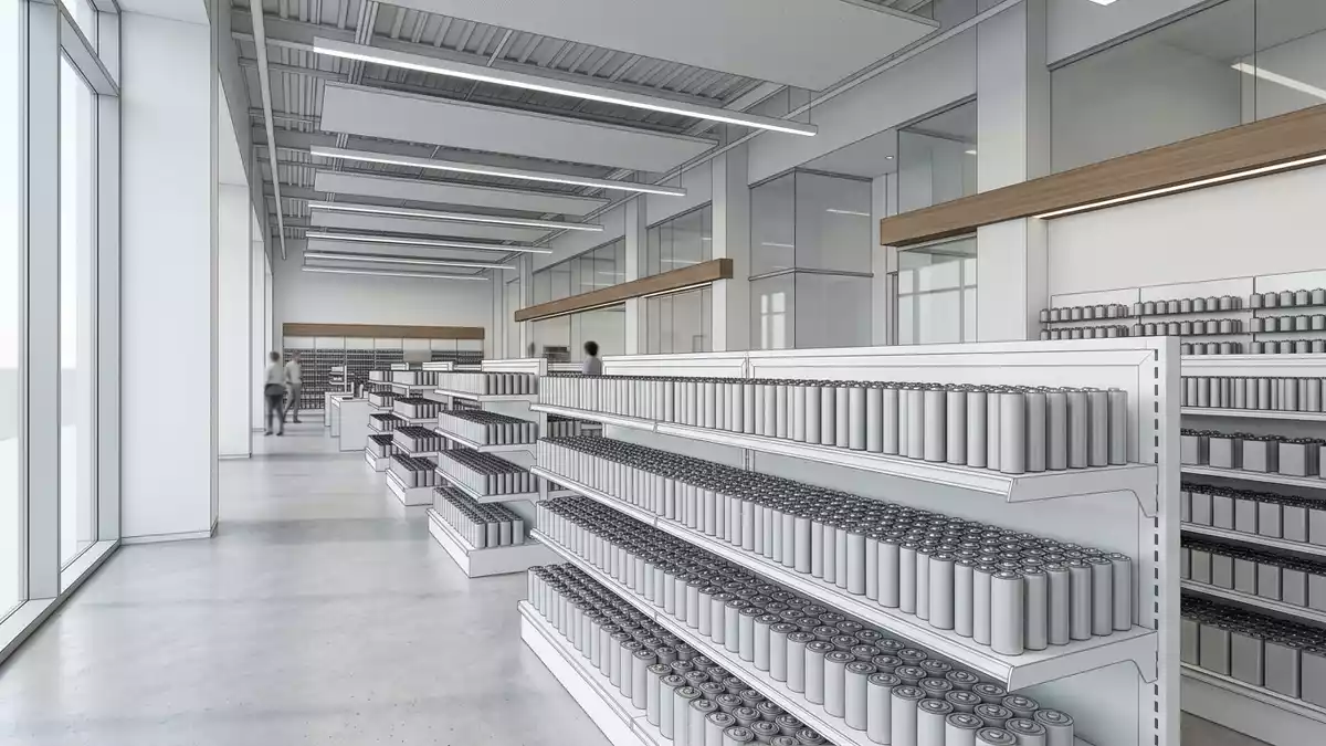 Architektur-Render im Elektronik-Fachmarkt mit Haushaltsbatterien im Ausstellungsbereich