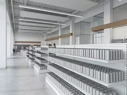 Architektur-Render im Elektronik-Fachmarkt mit Haushaltsbatterien zum Thema Duracell Batterien, ISIN US0846701086, neutrales Tageslicht - Foto: THN