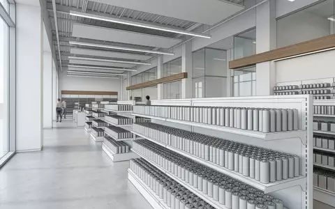 Architektur-Render im Elektronik-Fachmarkt mit Haushaltsbatterien zum Thema Duracell Batterien, ISIN US0846701086, neutrales Tageslicht - Foto: THN