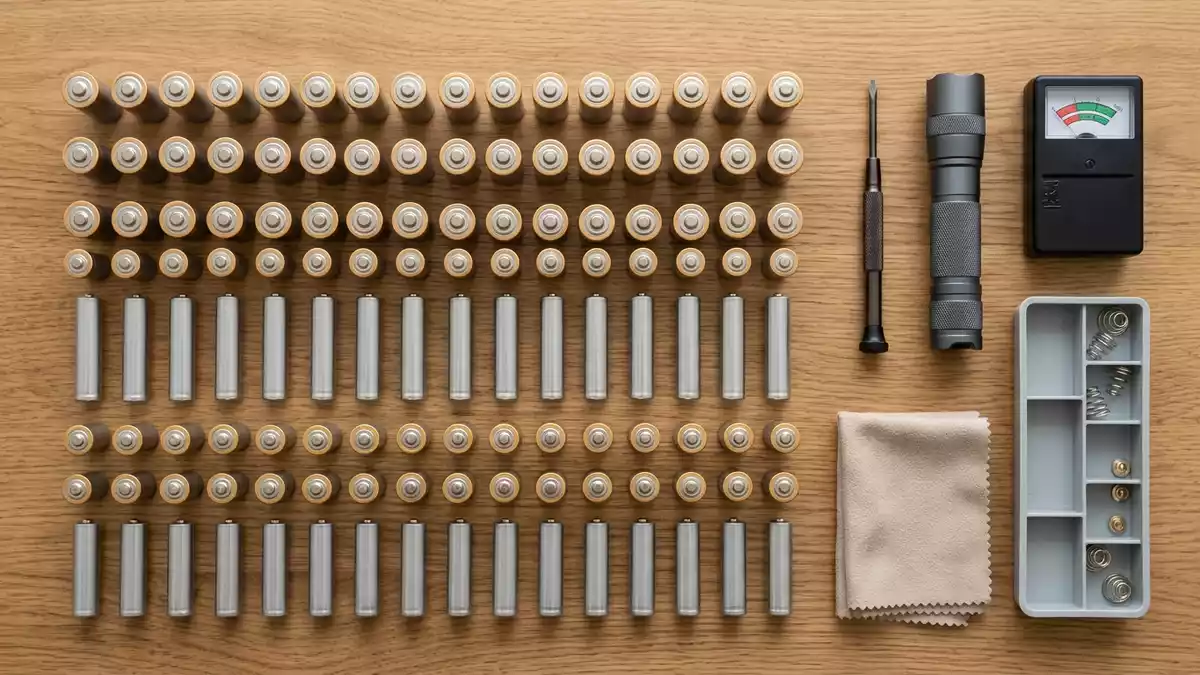 Flatlay-Arrangement rund um Haushaltsbatterien mit passenden Requisiten von oben