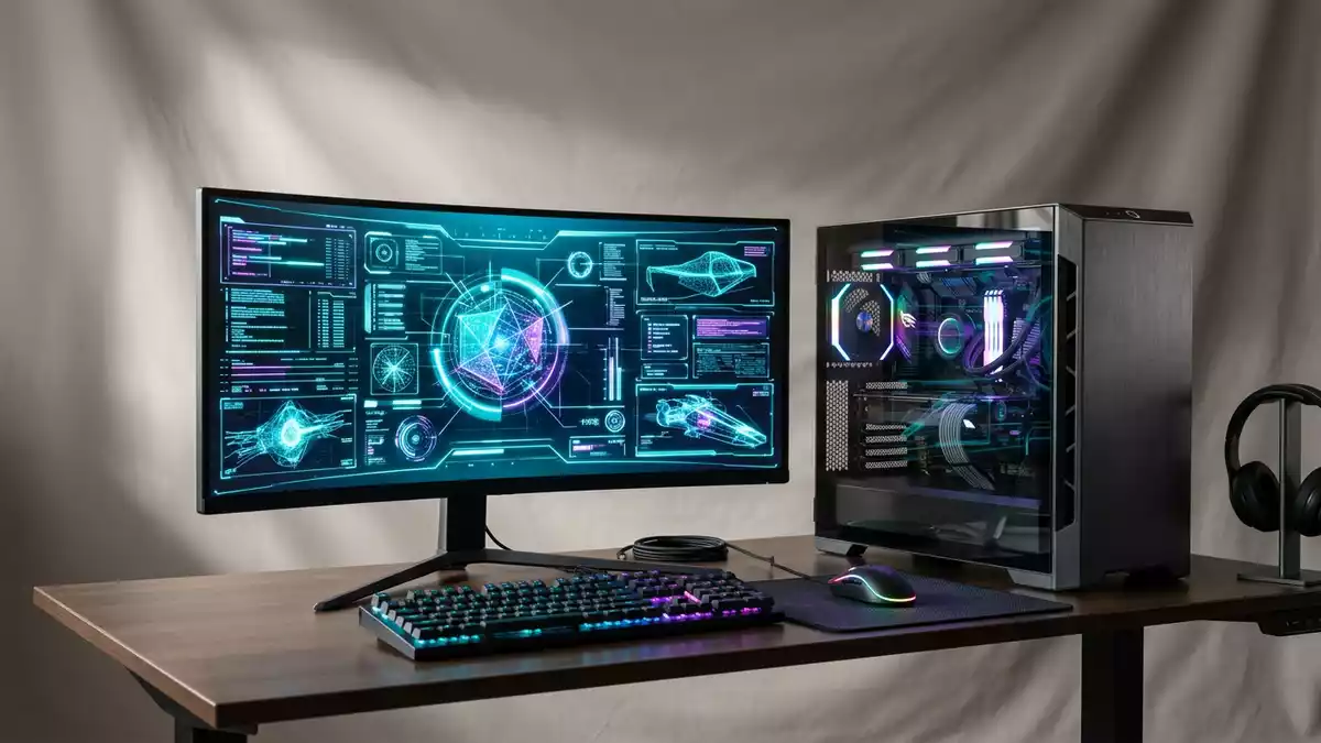 Fotorealistische Studioansicht von Computerspiel in neutraler Produktdarstellung