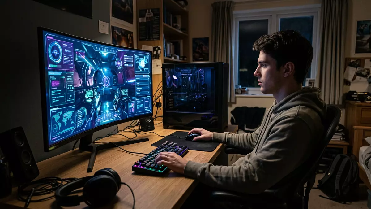 Fotorealistische Ansicht von Computerspiel am Computer in realer Umgebung, neutral