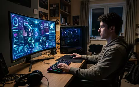 Fotorealistische Aufnahme von Computerspiel am Computer zum Thema Cyberpunk 2077, ISIN PLOPTCD00011, natuerliches Licht - Foto: THN