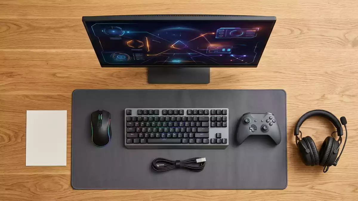 Flatlay-Arrangement rund um Computerspiel mit passenden Requisiten von oben, neutral