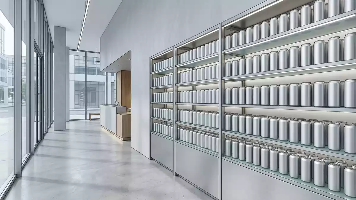 Architektur-Render im Getränkemarkt mit Energydrink im Ausstellungsbereich, neutral