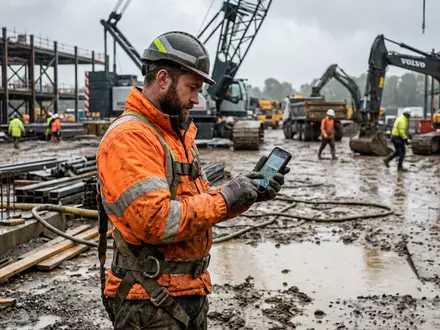 Fotorealistische Aufnahme von Baustellenhandy auf Baustellen zum Thema CAT S62 Pro, ISIN US1491231015, natuerliches Licht - Foto: THN