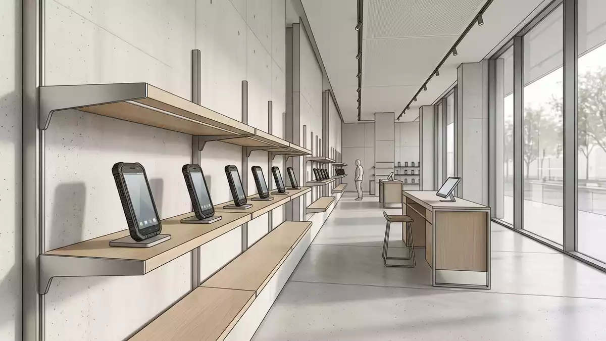 Architektur-Render im Elektronik-Fachmarkt mit Baustellenhandy im Ausstellungsbereich
