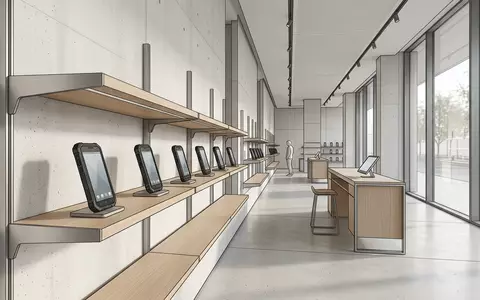 Architektur-Render im Elektronik-Fachmarkt mit Baustellenhandy zum Thema CAT S62 Pro, ISIN US1491231015, neutrales Tageslicht - Foto: THN