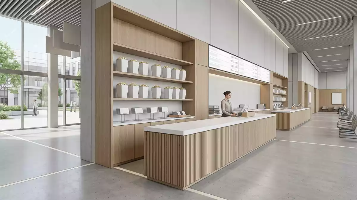 Architektur-Render im Kinokasse mit Kinobesuch im Ausstellungsbereich, neutral