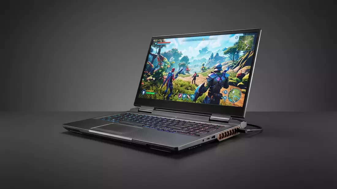 Fotorealistische Studioansicht von Gaming-Laptop in neutraler Produktdarstellung