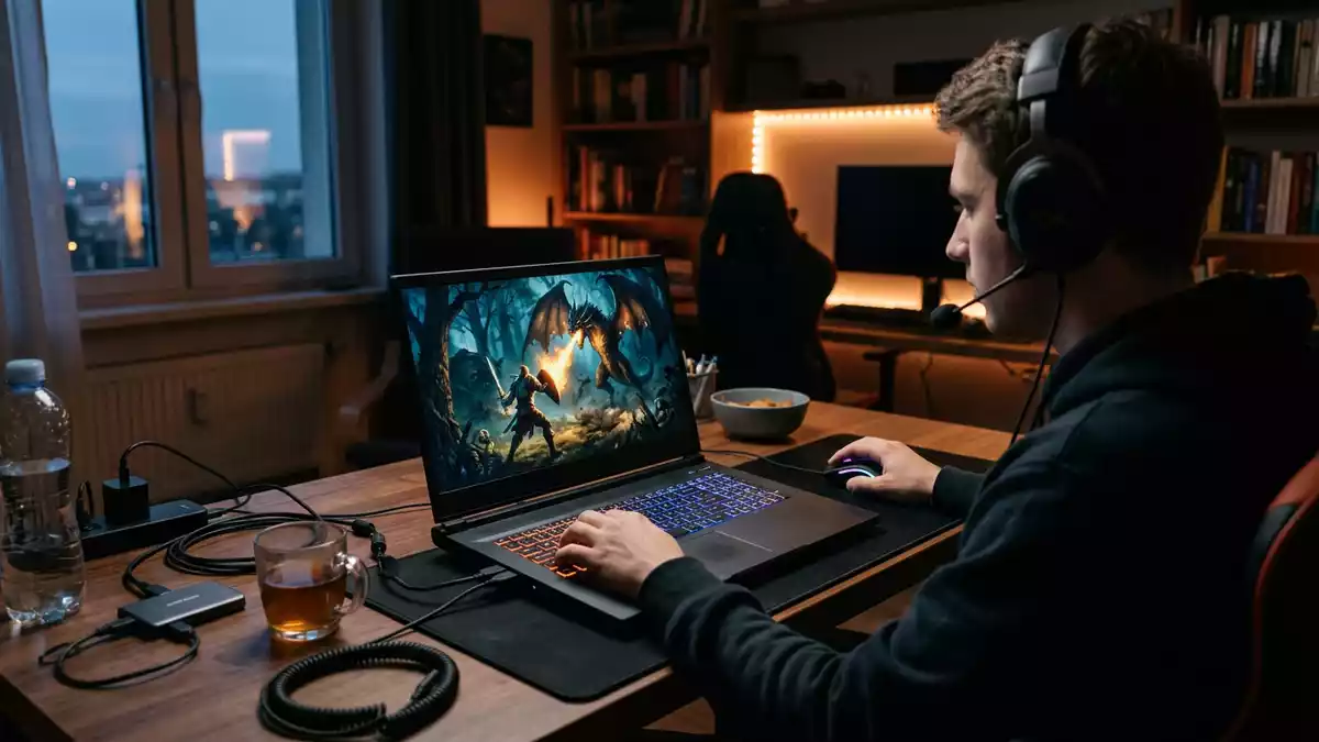 Fotorealistische Ansicht von Gaming-Laptop am Schreibtisch in realer Umgebung, neutral