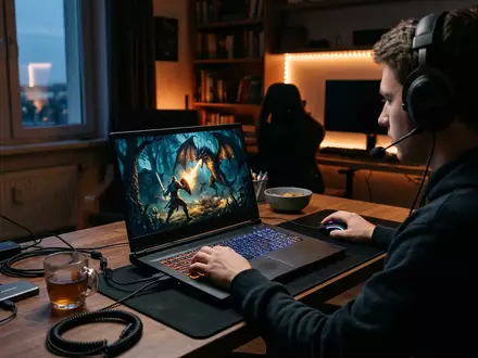 Fotorealistische Aufnahme von Gaming-Laptop am Schreibtisch zum Thema ASUS ROG Strix Laptop, ISIN TW0002357004 - Foto: THN