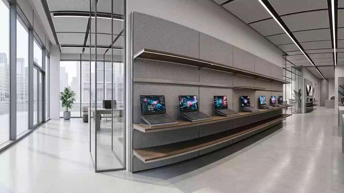 Architektur-Render im Computer-Fachhandel mit Gaming-Laptop im Ausstellungsbereich