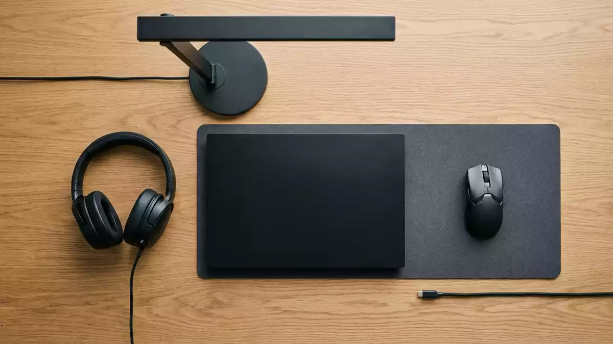 Flatlay-Arrangement rund um Gaming-Laptop mit passenden Requisiten von oben, neutral