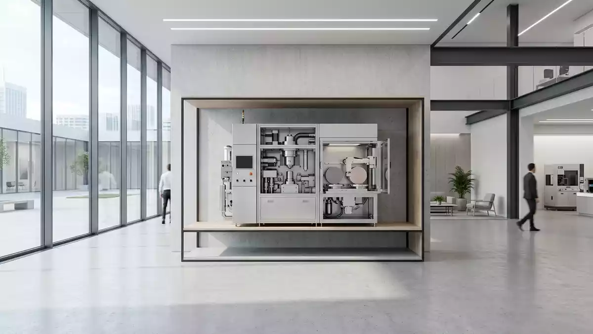 Architektur-Render im Industrie-Fachhandel mit Lithographiesystem im Ausstellungsbereich