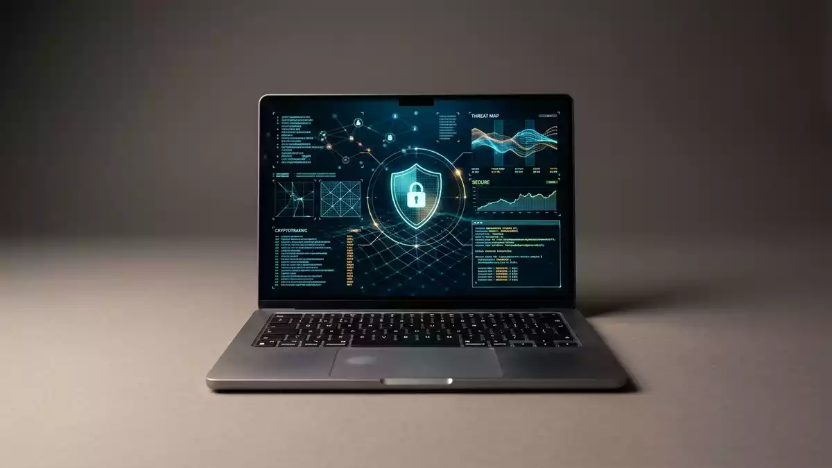 Fotorealistische Studioansicht von Sicherheitssoftware in neutraler Produktdarstellung