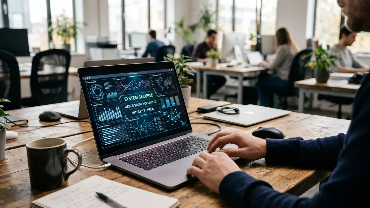 Fotorealistische Ansicht von Sicherheitssoftware im Büro in realer Umgebung, neutral