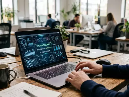 Fotorealistische Aufnahme von Sicherheitssoftware im Büro zum Thema Avast Antivirus, ISIN GB00BYT16L97, natuerliches Licht - Foto: THN