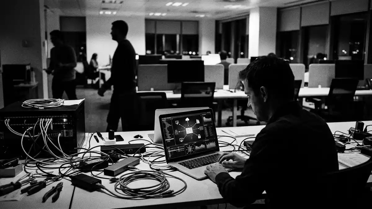 Schwarzweiss-Reportagebild mit Sicherheitssoftware in dokumentarischer Arbeitsumgebung