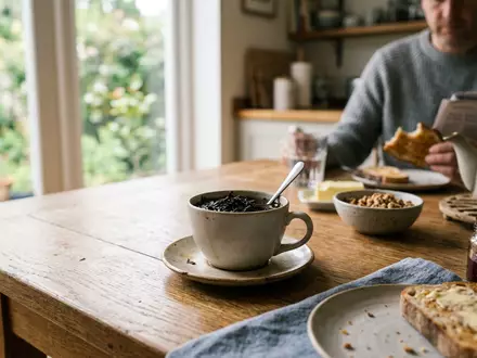 Fotorealistische Aufnahme von Schwarztee beim Frühstück zum Thema Twinings Tee, ISIN GB0006731235, natuerliches Licht - Foto: THN